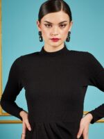 SASSAFRAS Black Self Design Gathered Detail High Neck Sheath Dress - Image 2