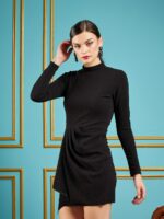SASSAFRAS Black Self Design Gathered Detail High Neck Sheath Dress - Image 3