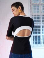 SASSAFRAS Black Self Design Long Sleeves Cut Out Fitted Top - Image 4
