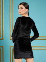 SASSAFRAS Black Square Neck Gathered Detail Velvet Bodycon Dress - Image 4