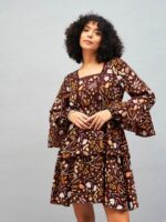 SASSAFRAS Brown Floral Printed Lace Insert Bell Sleeves Fit & Flare Mini Dress