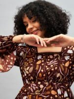 SASSAFRAS Brown Floral Printed Lace Insert Bell Sleeves Fit & Flare Mini Dress - Image 2