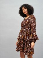 SASSAFRAS Brown Floral Printed Lace Insert Bell Sleeves Fit & Flare Mini Dress - Image 3