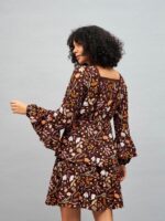 SASSAFRAS Brown Floral Printed Lace Insert Bell Sleeves Fit & Flare Mini Dress - Image 4