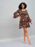 SASSAFRAS Brown Floral Printed Lace Insert Bell Sleeves Fit & Flare Mini Dress - Image 5