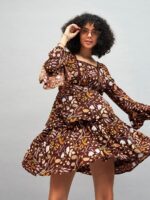SASSAFRAS Brown Floral Printed Lace Insert Bell Sleeves Fit & Flare Mini Dress - Image 6