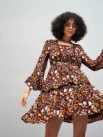 SASSAFRAS Brown Floral Printed Lace Insert Bell Sleeves Fit & Flare Mini Dress - Image 7