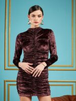 SASSAFRAS Brown High Neck Gathered Detail Velvet Bodycon Dress