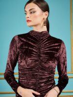 SASSAFRAS Brown High Neck Gathered Detail Velvet Bodycon Dress - Image 2