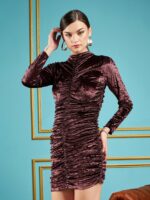 SASSAFRAS Brown High Neck Gathered Detail Velvet Bodycon Dress - Image 3