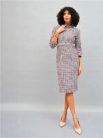 SASSAFRAS Burgundy & White Geo Jacquard Tweed Self Design Sheath Dress