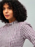 SASSAFRAS Burgundy & White Geo Jacquard Tweed Self Design Sheath Dress - Image 2
