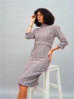 SASSAFRAS Burgundy & White Geo Jacquard Tweed Self Design Sheath Dress - Image 6