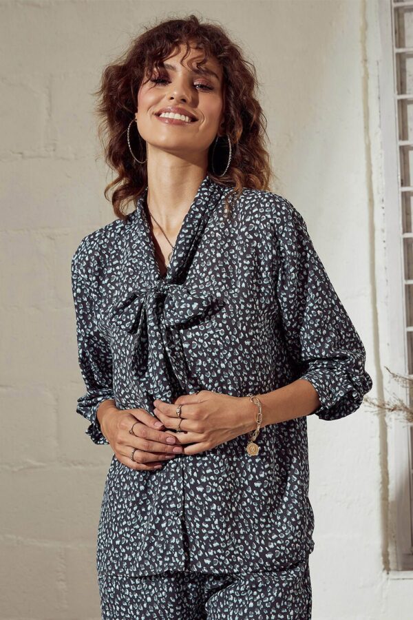SASSAFRAS Charcoal Animal Printed Tie-Up Neck Shirt Style Top