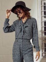 SASSAFRAS Charcoal Animal Printed Tie-Up Neck Shirt Style Top - Image 6
