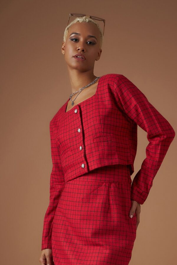SASSAFRAS Checked Square Neck Jacquard Shirt Style Crop Top