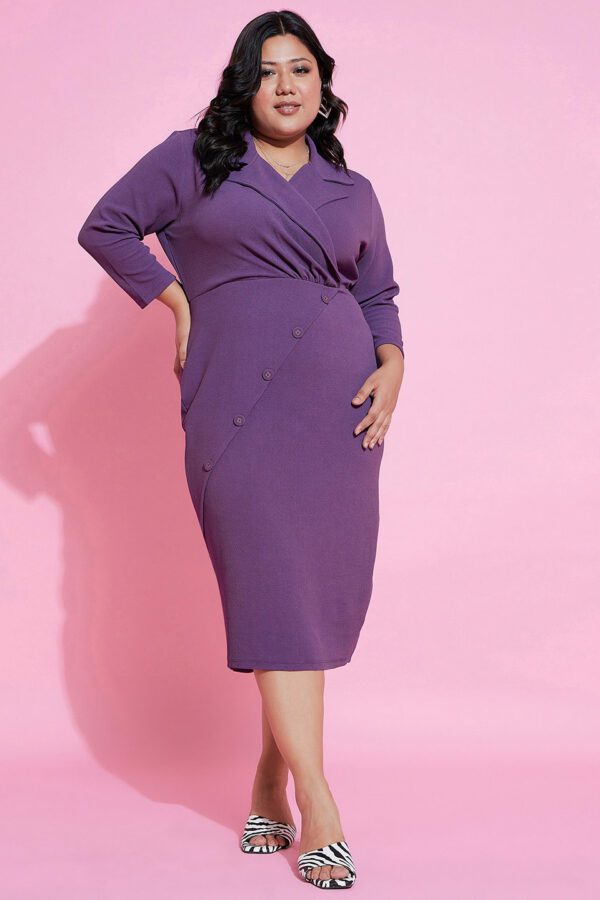 SASSAFRAS Curve Plus Size Shirt Collar Wrap Midi Dress