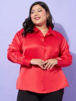 SASSAFRAS Curve Red Plus Size Comfort Spread Collar Satin Casual Shirt