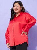 SASSAFRAS Curve Red Plus Size Comfort Spread Collar Satin Casual Shirt - Image 3