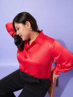 SASSAFRAS Curve Red Plus Size Comfort Spread Collar Satin Casual Shirt - Image 6