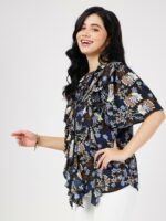 SASSAFRAS Floral Printed Tie-Up Neck Flared Sleeves Ruffled Georgette Top - Image 3