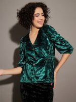 SASSAFRAS Green V-Neck Puff Sleeve Velvet Top