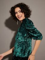 SASSAFRAS Green V-Neck Puff Sleeve Velvet Top - Image 3
