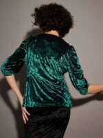 SASSAFRAS Green V-Neck Puff Sleeve Velvet Top - Image 4