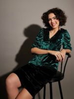 SASSAFRAS Green V-Neck Puff Sleeve Velvet Top - Image 6