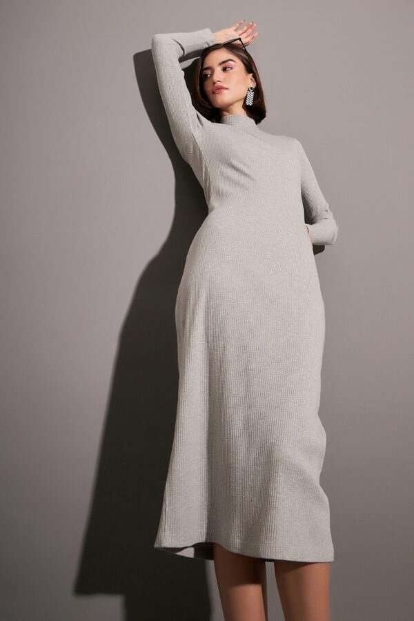 SASSAFRAS Grey Mock Neck A-Line Midi Dress