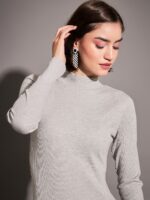 SASSAFRAS Grey Mock Neck A-Line Midi Dress - Image 2