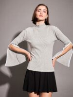 SASSAFRAS Grey Ribbed High Neck Bell Sleeves Regular Top
