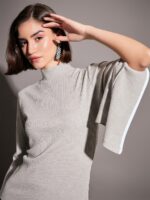 SASSAFRAS Grey Ribbed High Neck Bell Sleeves Regular Top - Image 2