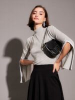 SASSAFRAS Grey Ribbed High Neck Bell Sleeves Regular Top - Image 3