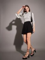 SASSAFRAS Grey Ribbed High Neck Bell Sleeves Regular Top - Image 6
