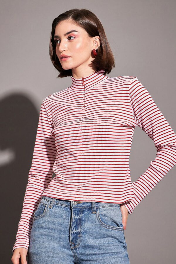 SASSAFRAS Horizontal Striped High Neck Front Zipper Top