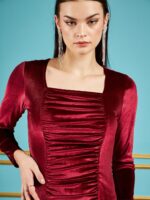 SASSAFRAS Maroon Square Neck Ruched Velvet Bodycon Mini Dress - Image 2