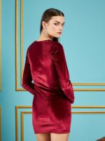 SASSAFRAS Maroon Square Neck Ruched Velvet Bodycon Mini Dress - Image 4