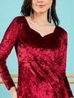 SASSAFRAS Maroon Sweetheart Neck Front Slit Velvet Maxi Dress - Image 2
