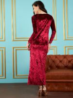 SASSAFRAS Maroon Sweetheart Neck Front Slit Velvet Maxi Dress - Image 4