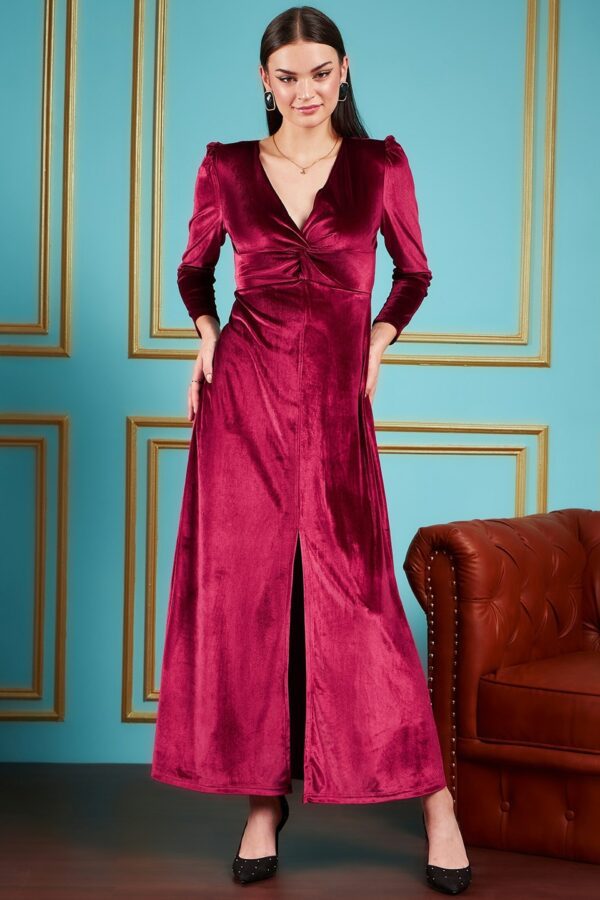 SASSAFRAS Maroon V-Neck Puff Sleeves Velvet Maxi Party Dress