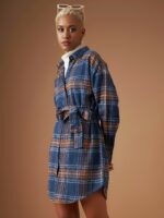 SASSAFRAS Navy Blue Checked Shirt Collar Cuffed Sleeves Cotton Shirt Dress - Image 3