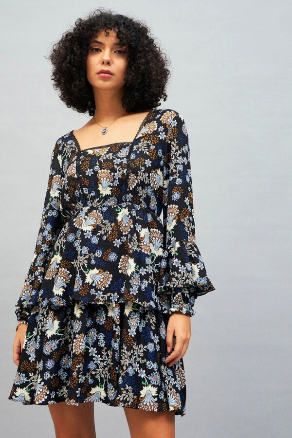 SASSAFRAS Navy Blue Floral Printed Bell Sleeve A-Line Dress