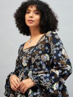 SASSAFRAS Navy Blue Floral Printed Bell Sleeve A-Line Dress - Image 2