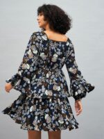 SASSAFRAS Navy Blue Floral Printed Bell Sleeve A-Line Dress - Image 4