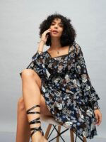 SASSAFRAS Navy Blue Floral Printed Bell Sleeve A-Line Dress - Image 6