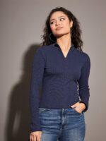 SASSAFRAS Navy Blue High Neck Half Zipper Fitted Top
