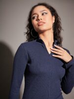 SASSAFRAS Navy Blue High Neck Half Zipper Fitted Top - Image 2