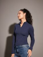 SASSAFRAS Navy Blue High Neck Half Zipper Fitted Top - Image 3