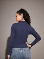 SASSAFRAS Navy Blue High Neck Half Zipper Fitted Top - Image 4